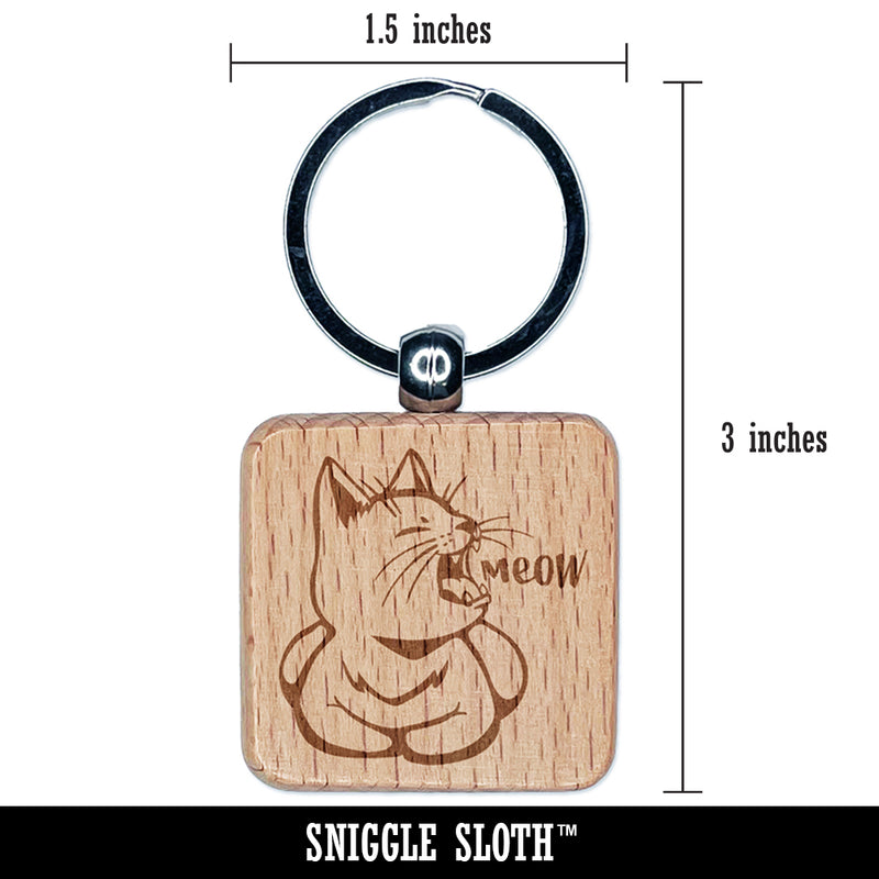 Sleepy Kitty Yawning Meow Engraved Wood Square Keychain Tag Charm