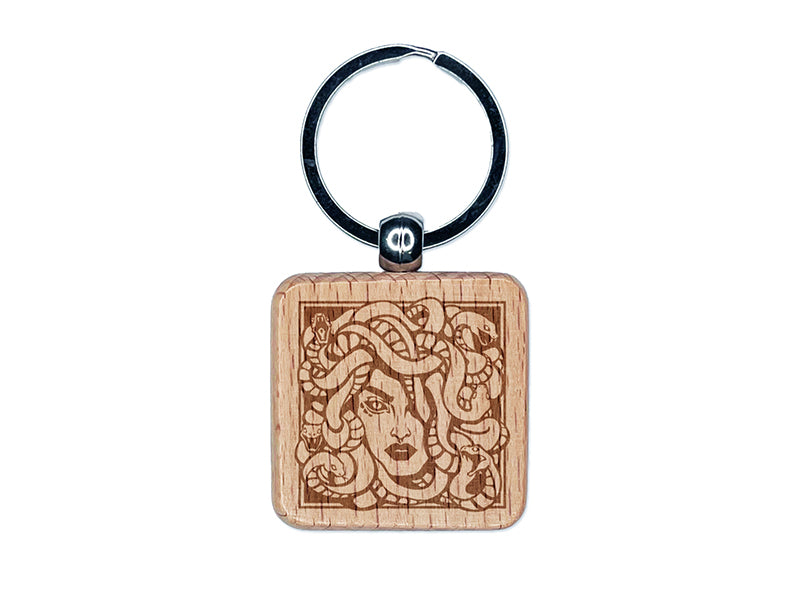 Snake Haired Gorgon Medusa Greek Myth Engraved Wood Square Keychain Tag Charm