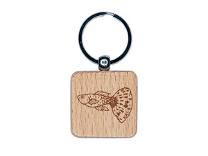 Spotted Guppy Fish Engraved Wood Square Keychain Tag Charm