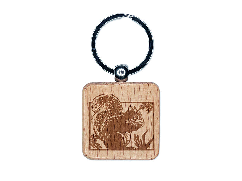 Squirrel with Oak Leaves Engraved Wood Square Keychain Tag Charm