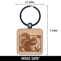 Squirrel with Oak Leaves Engraved Wood Square Keychain Tag Charm