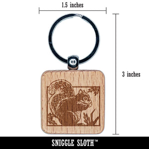 Squirrel with Oak Leaves Engraved Wood Square Keychain Tag Charm