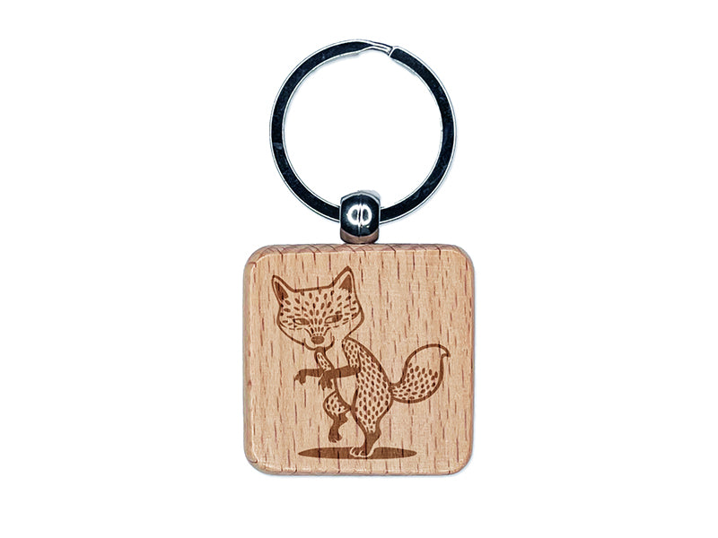 Suspicious and Sneaky Fox Engraved Wood Square Keychain Tag Charm