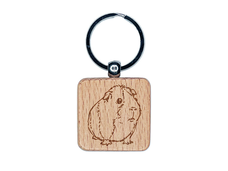 Sweet Guinea Pig Engraved Wood Square Keychain Tag Charm