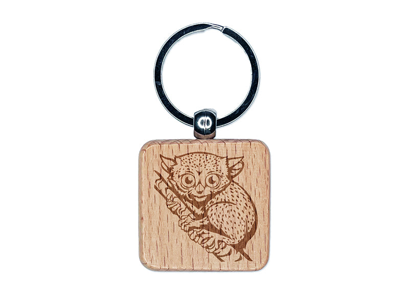 Tiny Primate Tarsier Engraved Wood Square Keychain Tag Charm