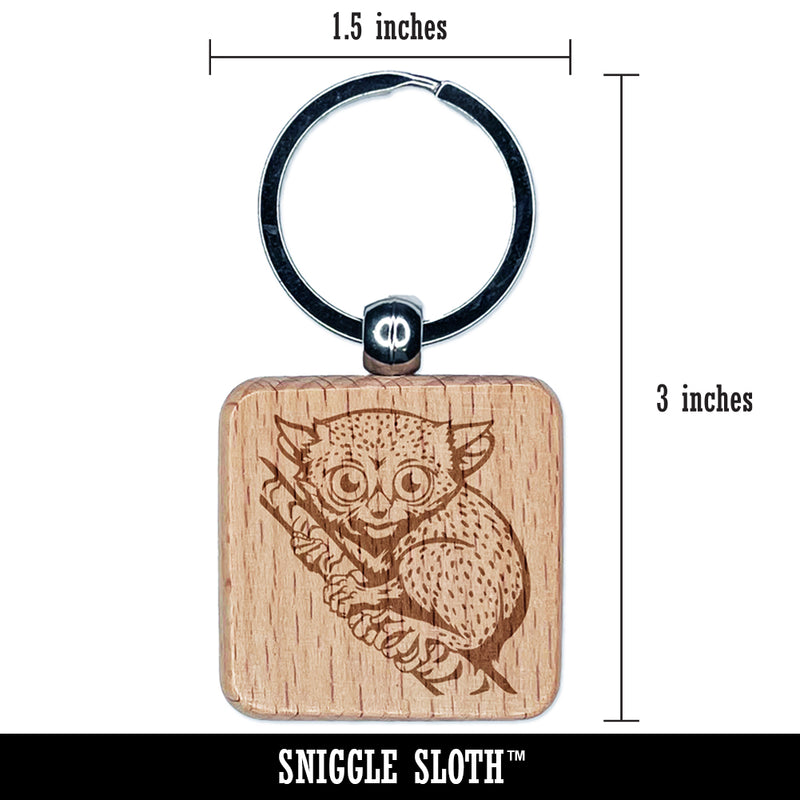 Tiny Primate Tarsier Engraved Wood Square Keychain Tag Charm