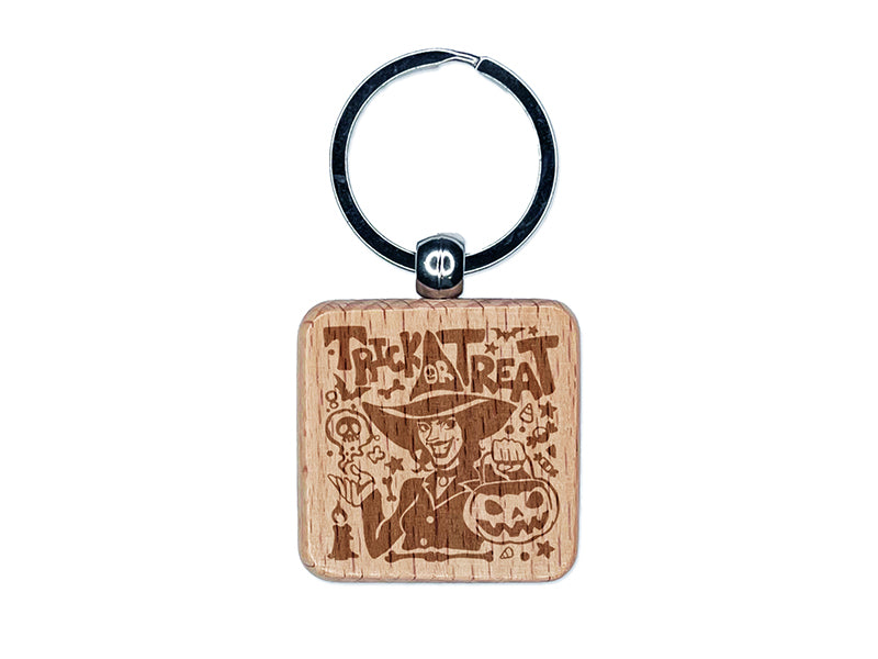 Trick or Treat Halloween Witch Engraved Wood Square Keychain Tag Charm