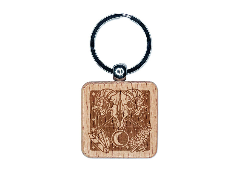 Wiccan Witch Circle Pentagram with Ram Skull Crystal Engraved Wood Square Keychain Tag Charm