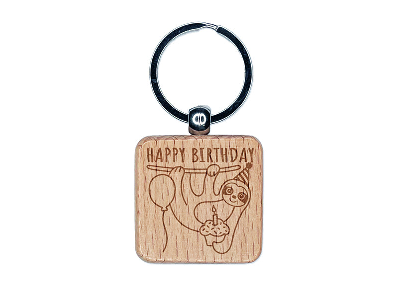 Happy Birthday Sloth with Cupcake Engraved Wood Square Keychain Tag Charm