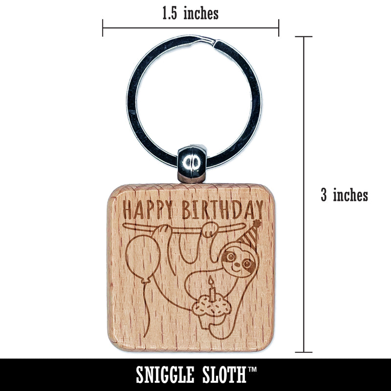 Happy Birthday Sloth with Cupcake Engraved Wood Square Keychain Tag Charm