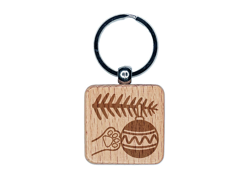 Cat Paw Hitting Ornament Christmas Engraved Wood Square Keychain Tag Charm