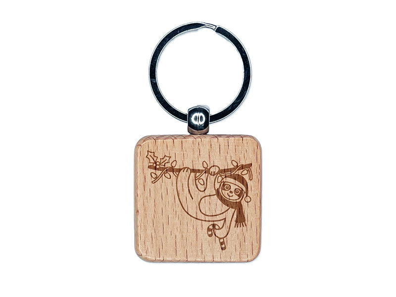 Christmas Hanging Sloth with Candy Cane Engraved Wood Square Keychain Tag Charm