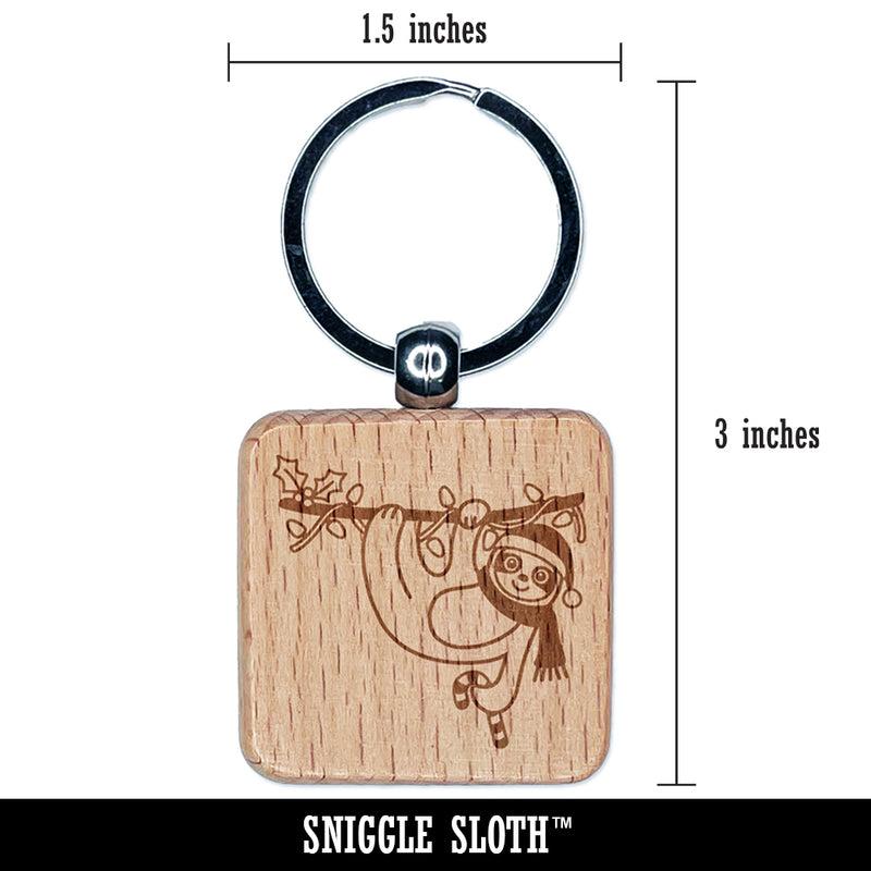 Christmas Hanging Sloth with Candy Cane Engraved Wood Square Keychain Tag Charm