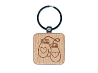 Cozy Mittens with Hearts Winter Engraved Wood Square Keychain Tag Charm