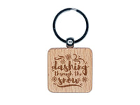 Dashing Through the Snow Winter Snowflakes Christmas Engraved Wood Square Keychain Tag Charm