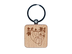 Fall Sloth with Pumpkin Engraved Wood Square Keychain Tag Charm