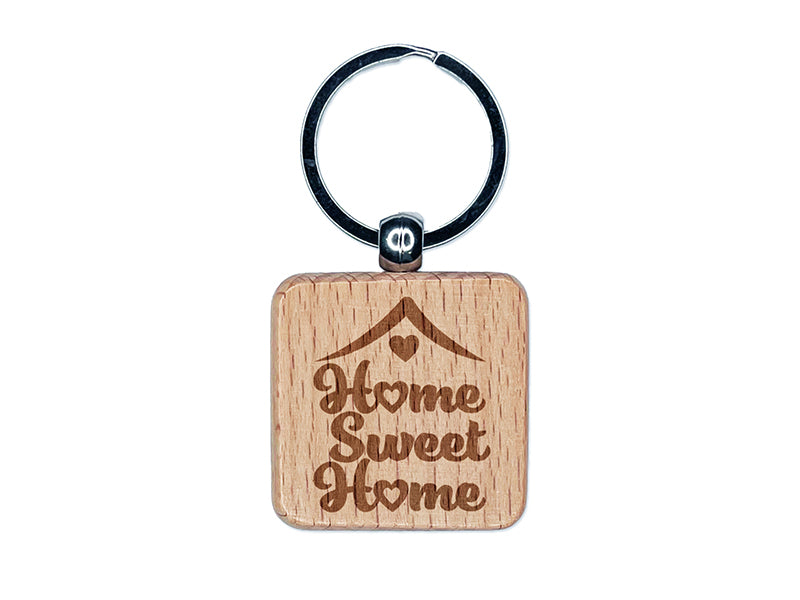 Home Sweet Home with Hearts Engraved Wood Square Keychain Tag Charm