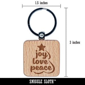 Joy Love Peace Christmas Tree Engraved Wood Square Keychain Tag Charm