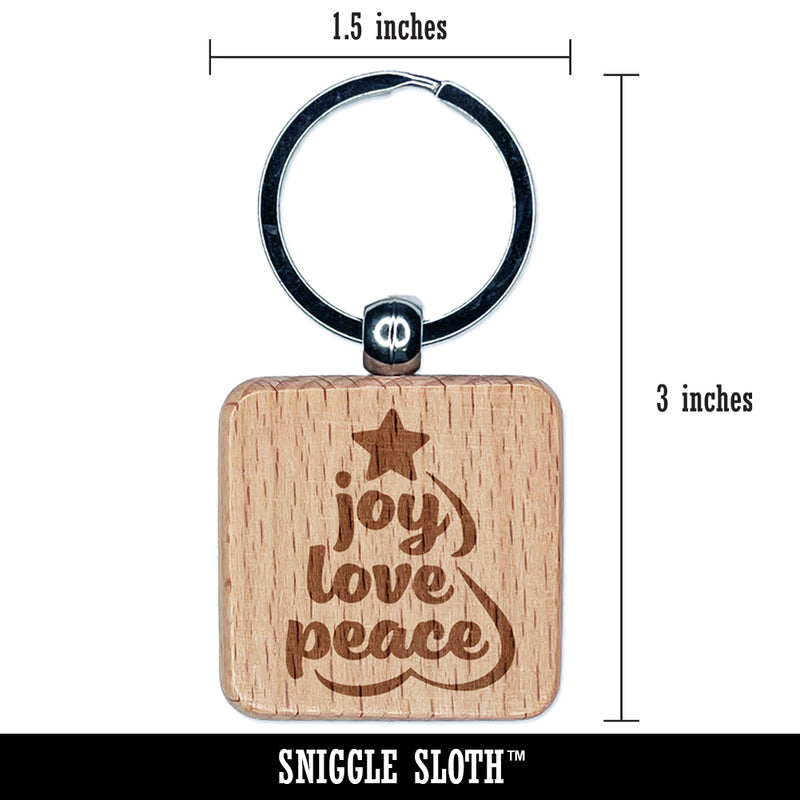 Joy Love Peace Christmas Tree Engraved Wood Square Keychain Tag Charm