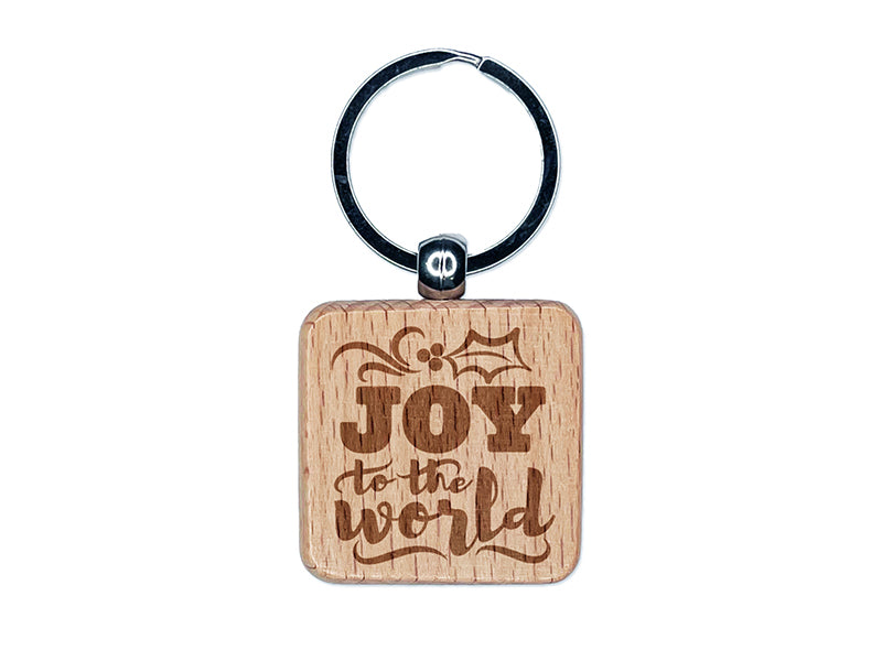 Joy to the World Christmas Engraved Wood Square Keychain Tag Charm