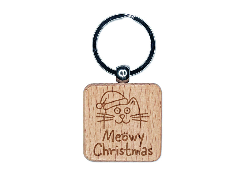 Meowy Christmas Cat with Santa Hat Engraved Wood Square Keychain Tag Charm
