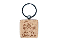 Meowy Christmas Cat with Santa Hat Engraved Wood Square Keychain Tag Charm