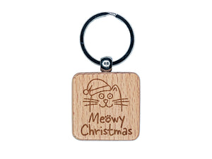 Meowy Christmas Cat with Santa Hat Engraved Wood Square Keychain Tag Charm