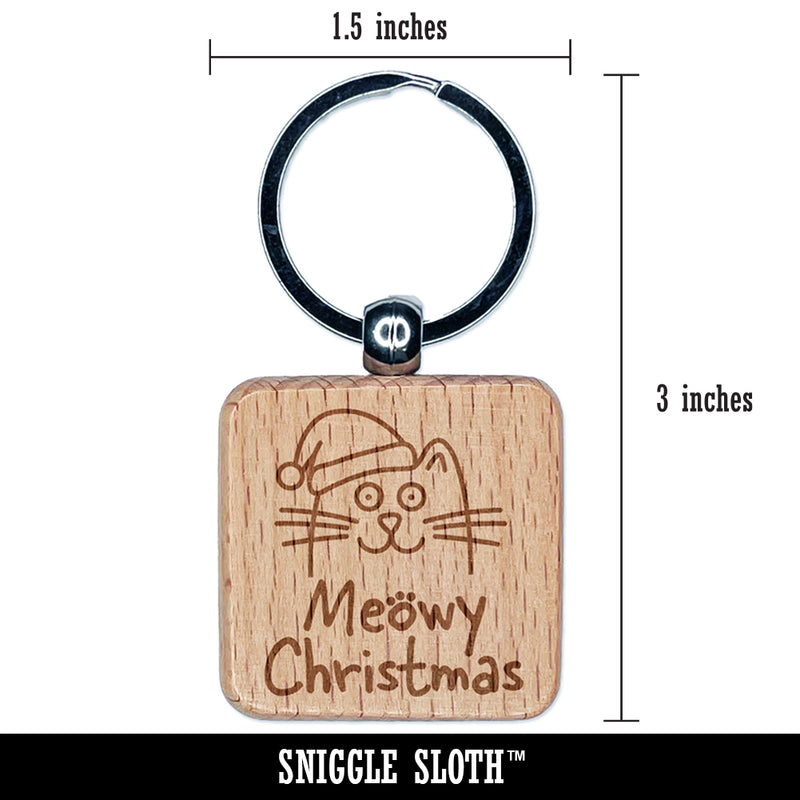 Meowy Christmas Cat with Santa Hat Engraved Wood Square Keychain Tag Charm