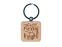 Merry and Bright Christmas with Holly Engraved Wood Square Keychain Tag Charm