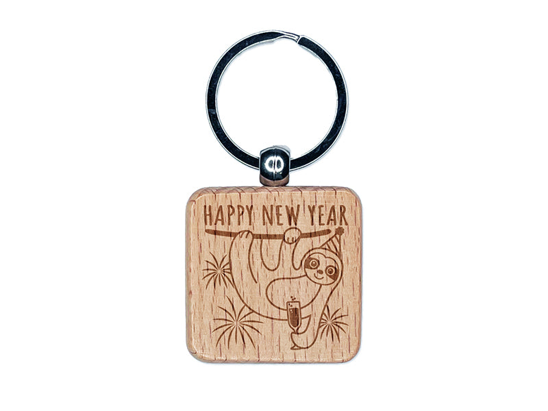 Happy New Year Sloth with Champagne Engraved Wood Square Keychain Tag Charm
