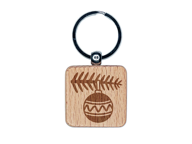 Ornament Hanging from Tree Branch Christmas Engraved Wood Square Keychain Tag Charm
