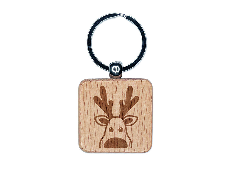 Peeking Reindeer Christmas Engraved Wood Square Keychain Tag Charm