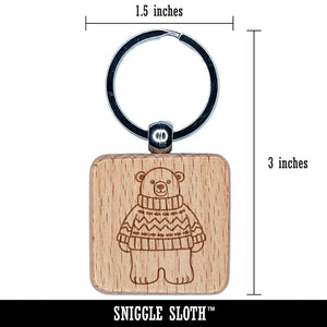 Polar Bear in Sweater Engraved Wood Square Keychain Tag Charm