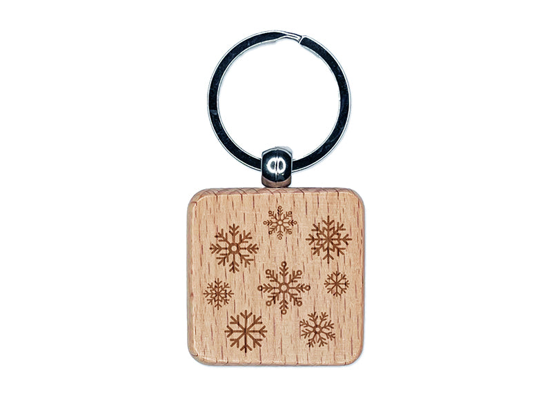 Scattered Snowflakes Winter Engraved Wood Square Keychain Tag Charm
