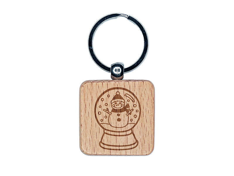 Snow Globe with Snowman Scene Winter Engraved Wood Square Keychain Tag Charm