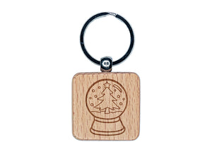 Snow Globe with Christmas Tree Scene Engraved Wood Square Keychain Tag Charm