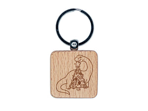 Brontosaurus Putting Star on Christmas Tree Dinosaur Engraved Wood Square Keychain Tag Charm