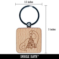 Brontosaurus Putting Star on Christmas Tree Dinosaur Engraved Wood Square Keychain Tag Charm