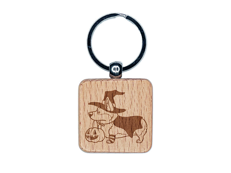 Corgi Trick-or-Treating Witch Costume Halloween Engraved Wood Square Keychain Tag Charm
