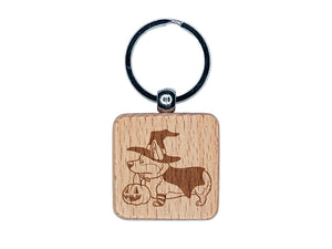 Corgi Trick-or-Treating Witch Costume Halloween Engraved Wood Square Keychain Tag Charm