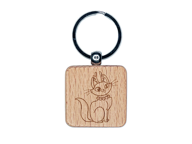 Cute Kitty Cat Reindeer Christmas Engraved Wood Square Keychain Tag Charm