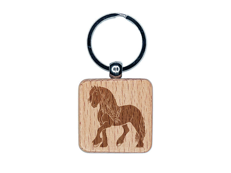 Elegant Friesian Horse Engraved Wood Square Keychain Tag Charm