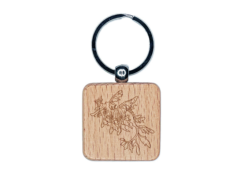 Elegant Leafy Seadragon Seahorse Engraved Wood Square Keychain Tag Charm