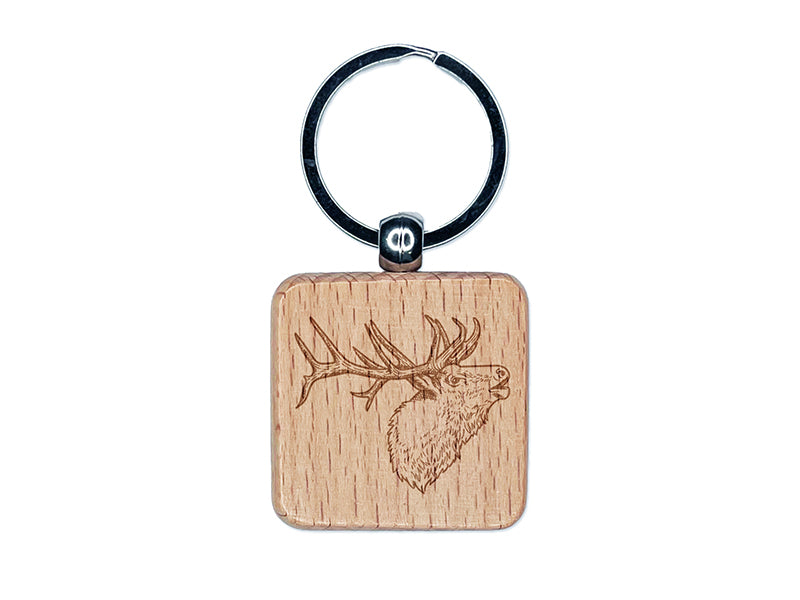 Elk Calling Out Engraved Wood Square Keychain Tag Charm