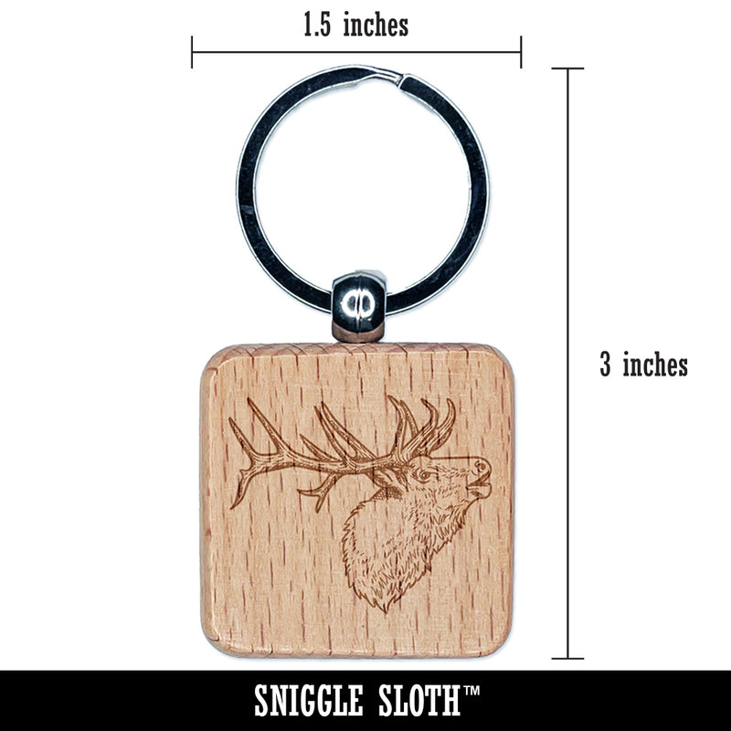 Elk Calling Out Engraved Wood Square Keychain Tag Charm