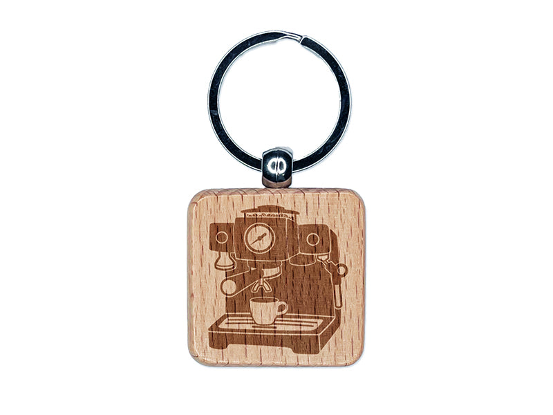 Espresso Machine Coffee Engraved Wood Square Keychain Tag Charm