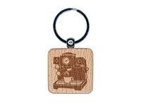 Espresso Machine Coffee Engraved Wood Square Keychain Tag Charm