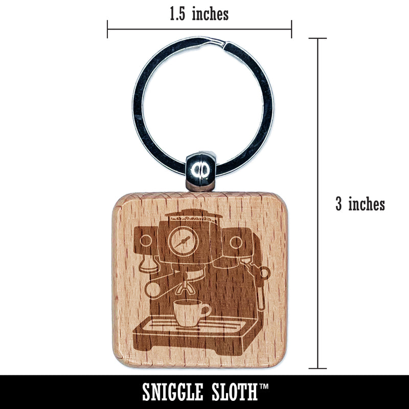 Espresso Machine Coffee Engraved Wood Square Keychain Tag Charm