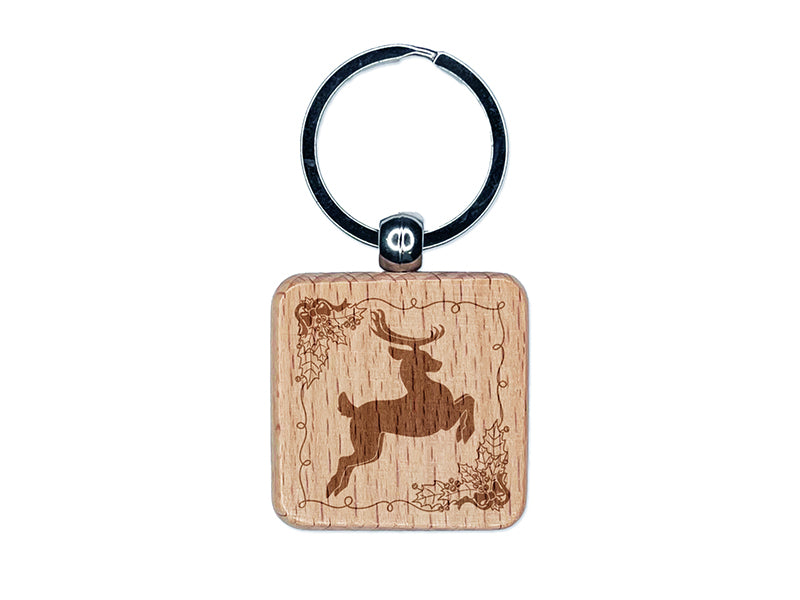 Flying Reindeer with Holly Border Christmas Engraved Wood Square Keychain Tag Charm