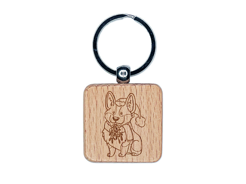 Happy Christmas Corgi with Mistletoe in Santa Hat Engraved Wood Square Keychain Tag Charm